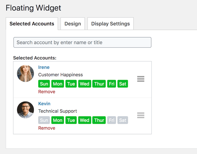 select accounts in floating widget