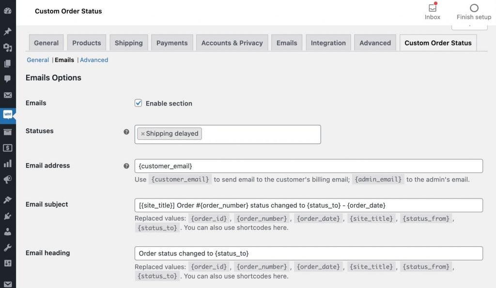 Edit custom order status email content