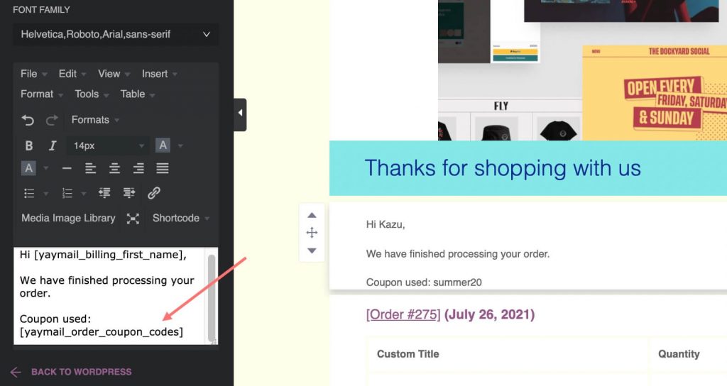 Displaying WooCommerce coupon code used in the placed order