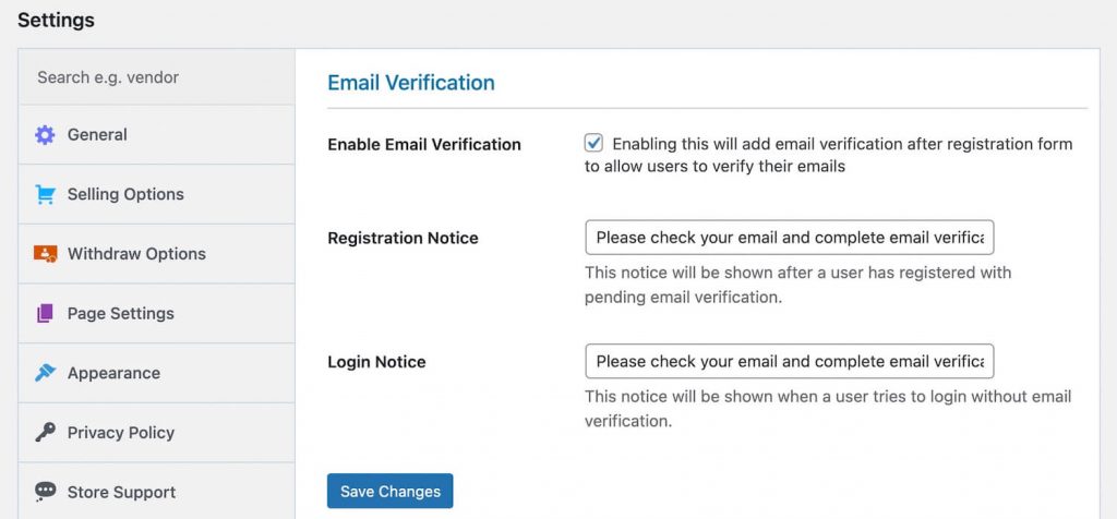 email verification by Dokan