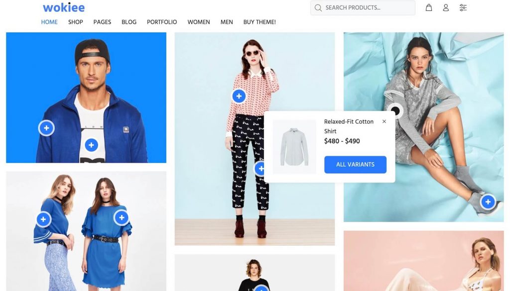 wokiee Shopify theme with variants on hover image hotspot