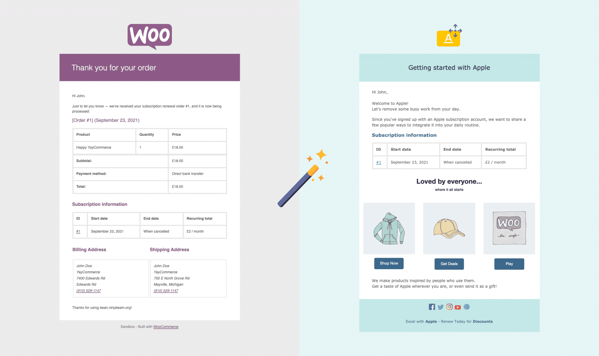 Email design with YayMail - before after