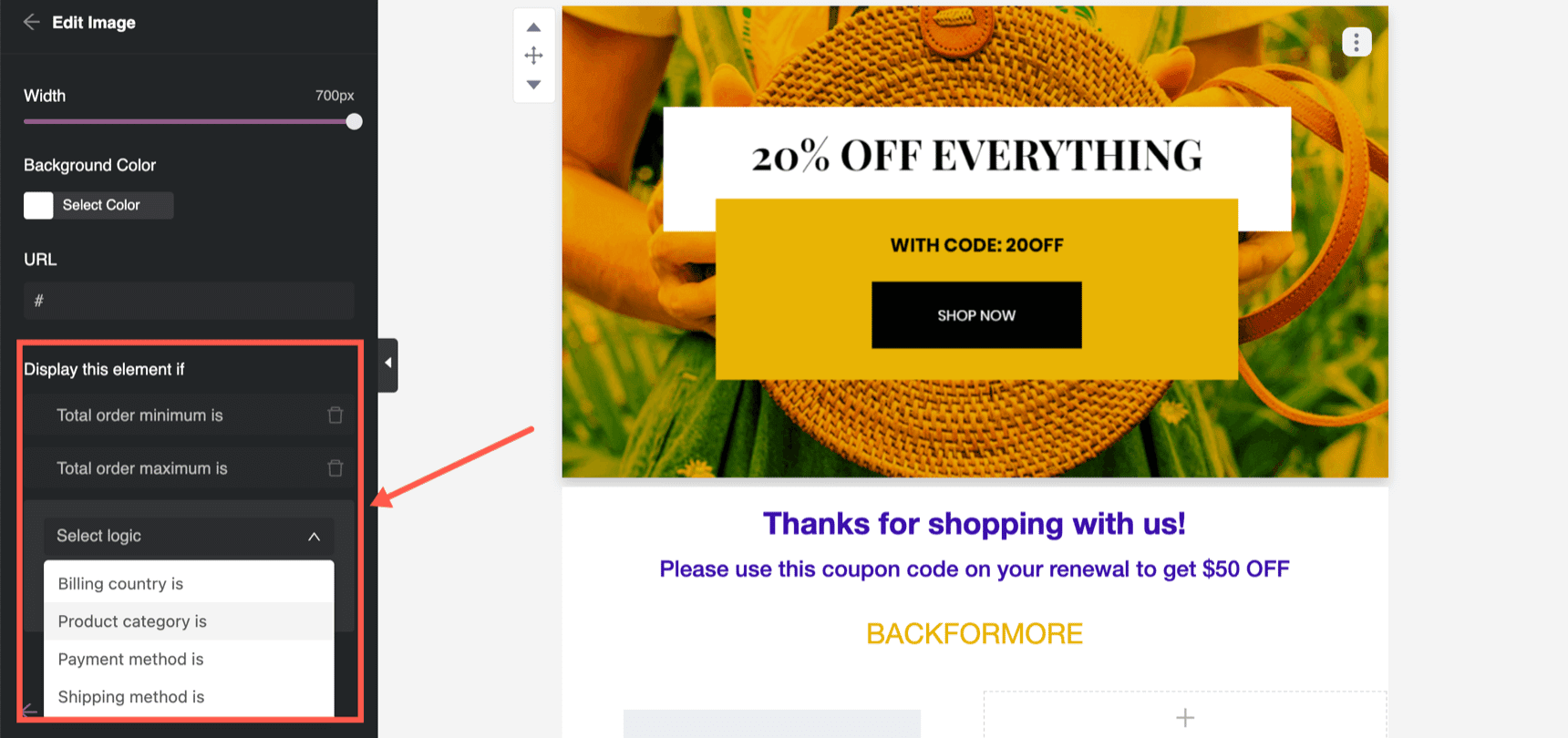 Show coupon code with email conditional block display
