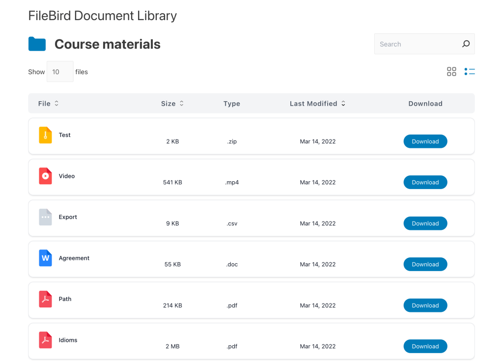FileBird document library list view