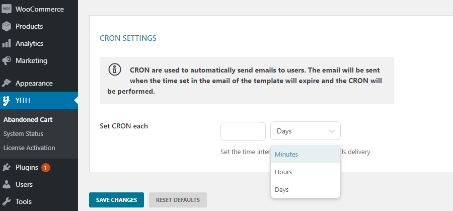 cron settings in yith recover abandoned cart