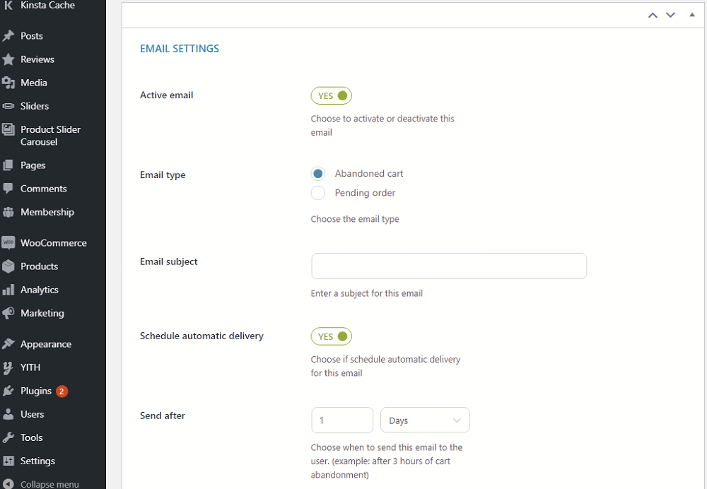 email setting WooCommerce recover abandoned cart email