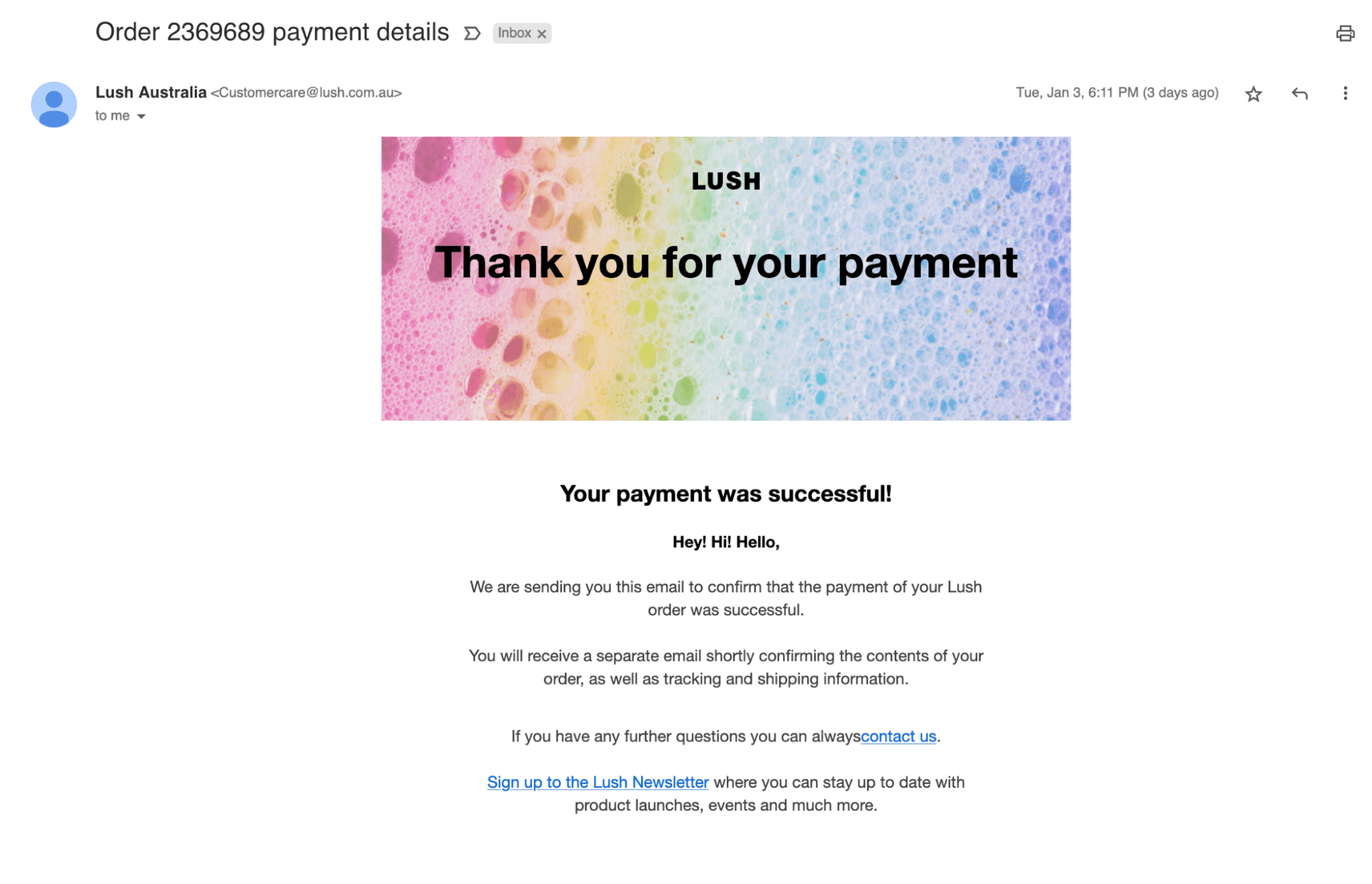 Payment successful email notification