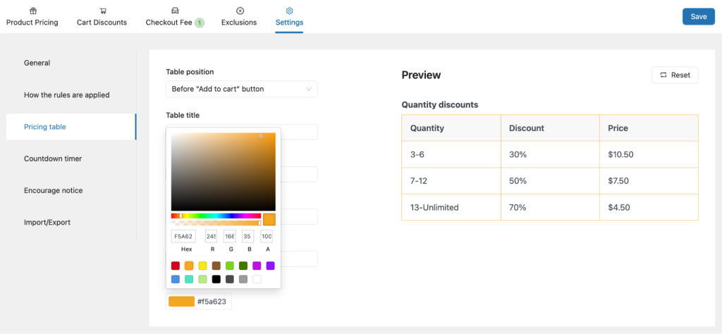 YayPricing Color picker for choosing pricing table color