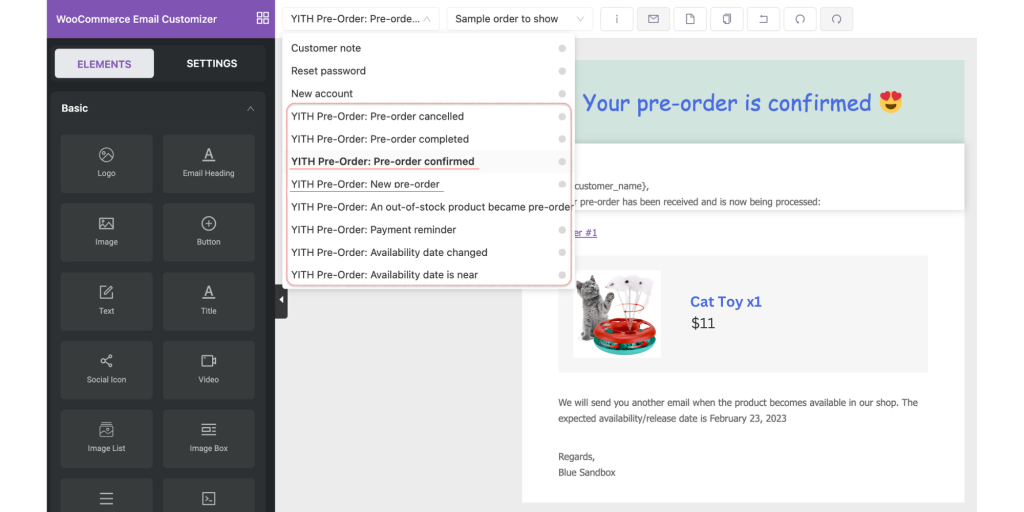 yaymail addon yith pre order email templates