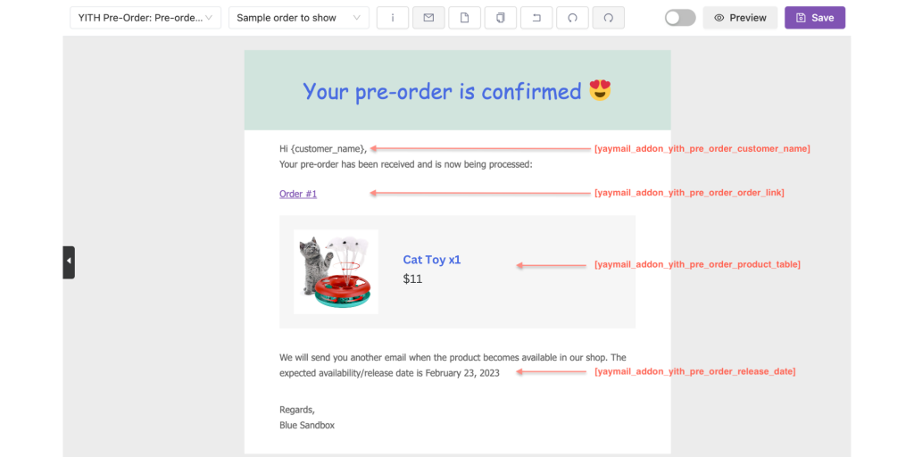 yaymail addon yith preorder email templates with shortcodes