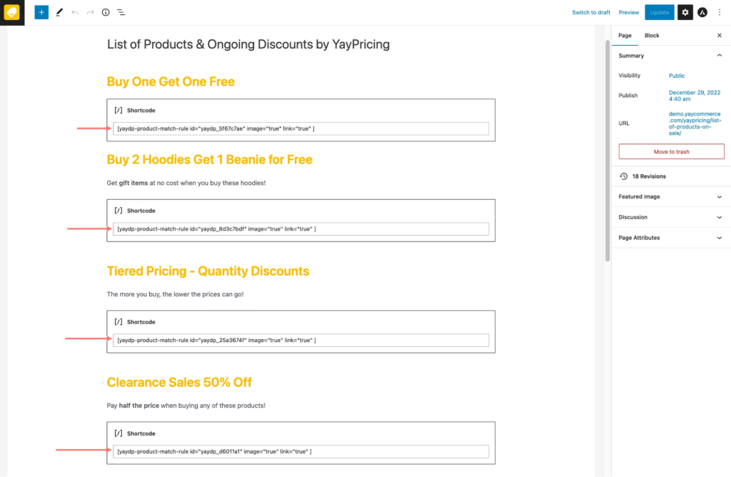 yaypricing shortcodes of discount rule to page or post