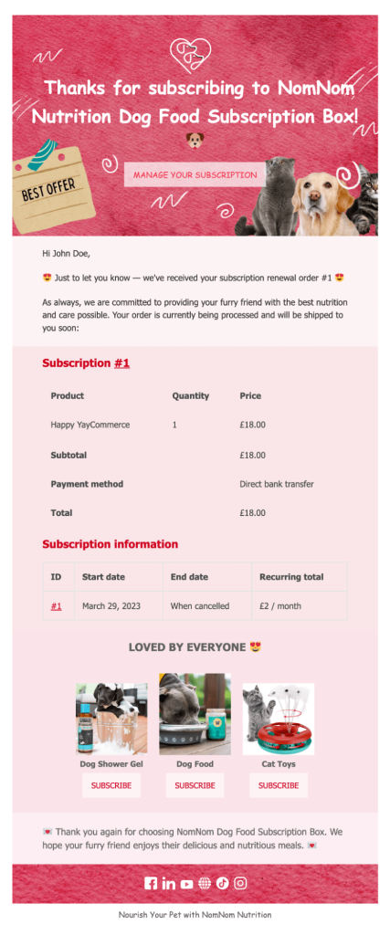 WooCommerce subscriptions email processing renewal order email YayMail