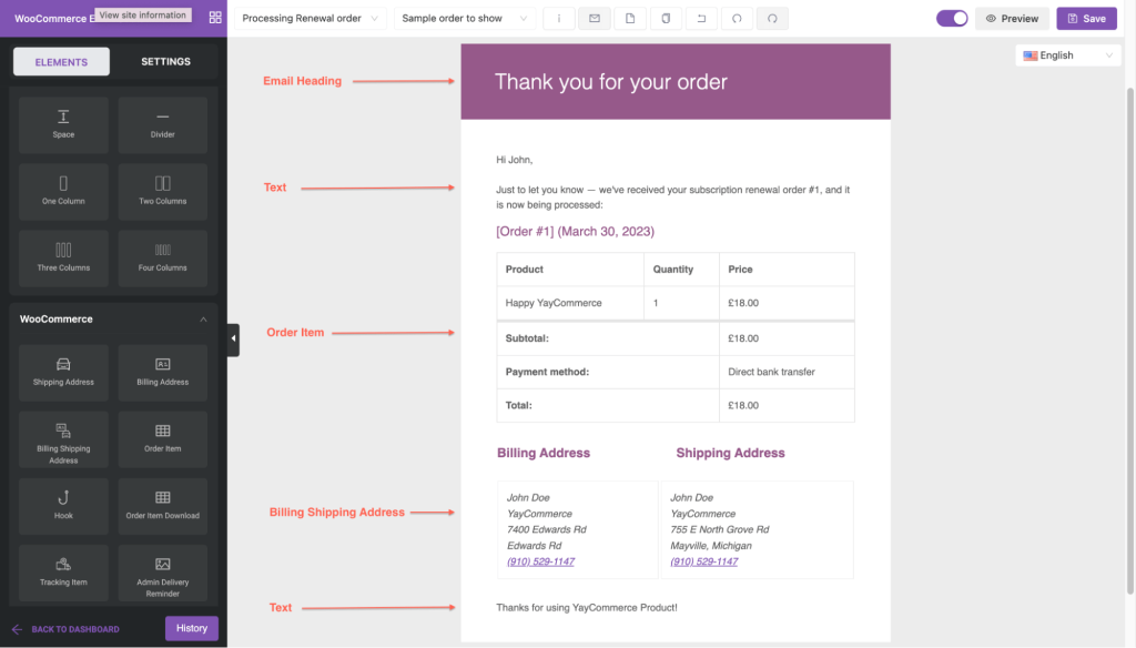 default processing renewal order email template in YayMail