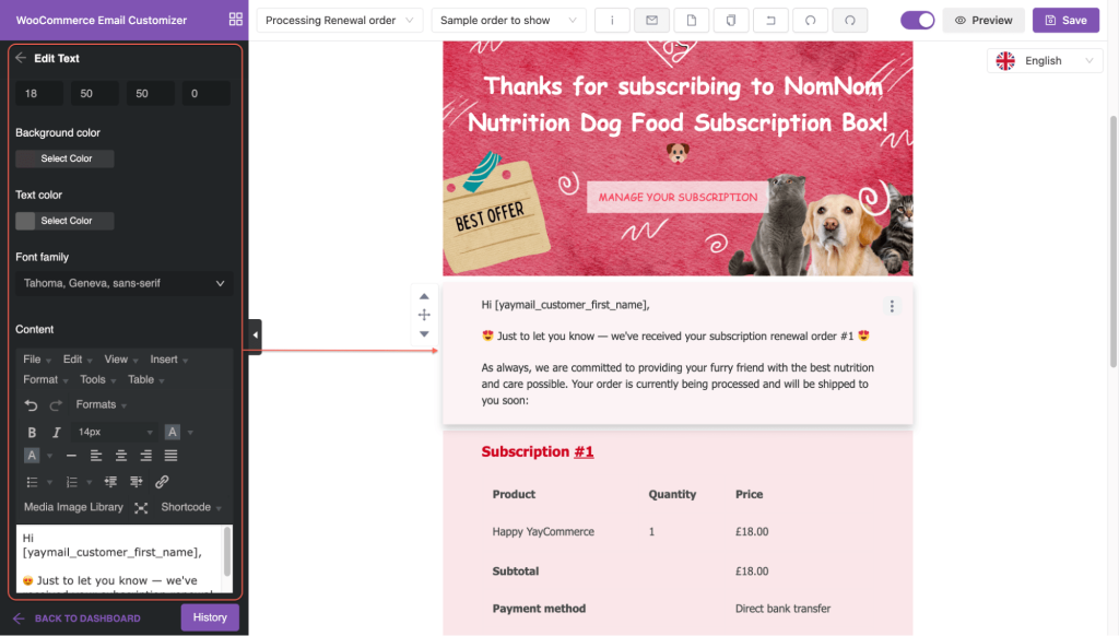 edit text in WooCommerce subscriptions emails