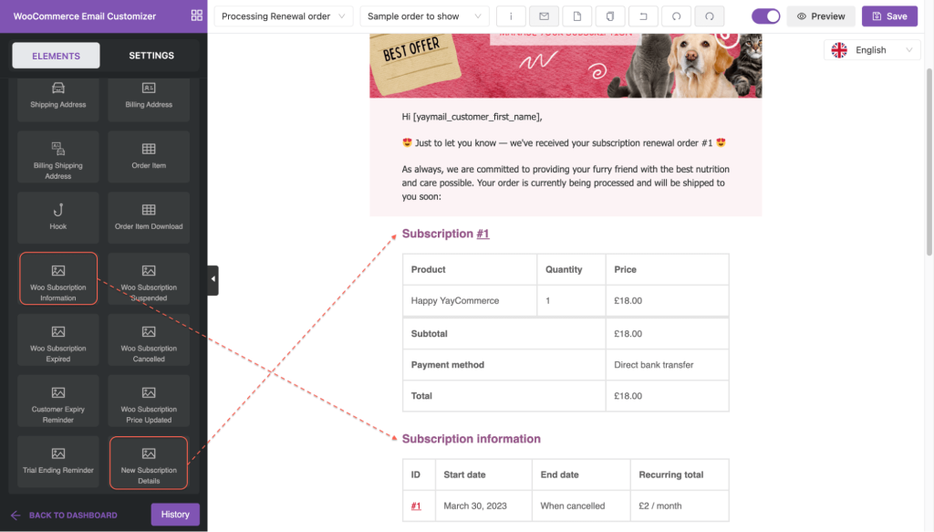 add woocommerce elements to processing renewal order email
