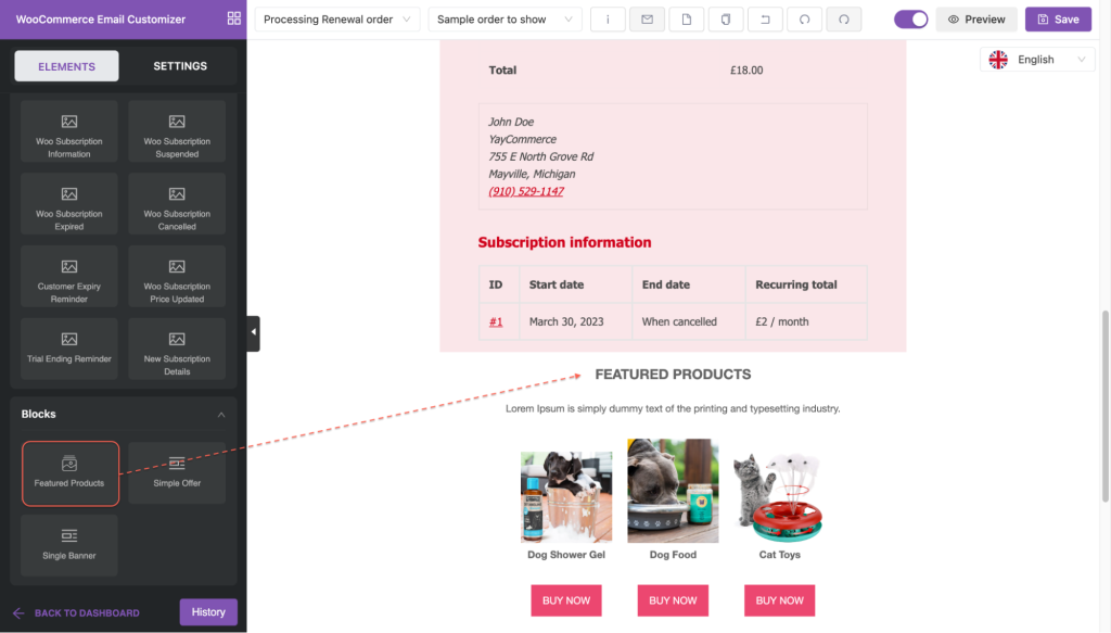  add predesigned featured products in WooCommerce subscriptions emails