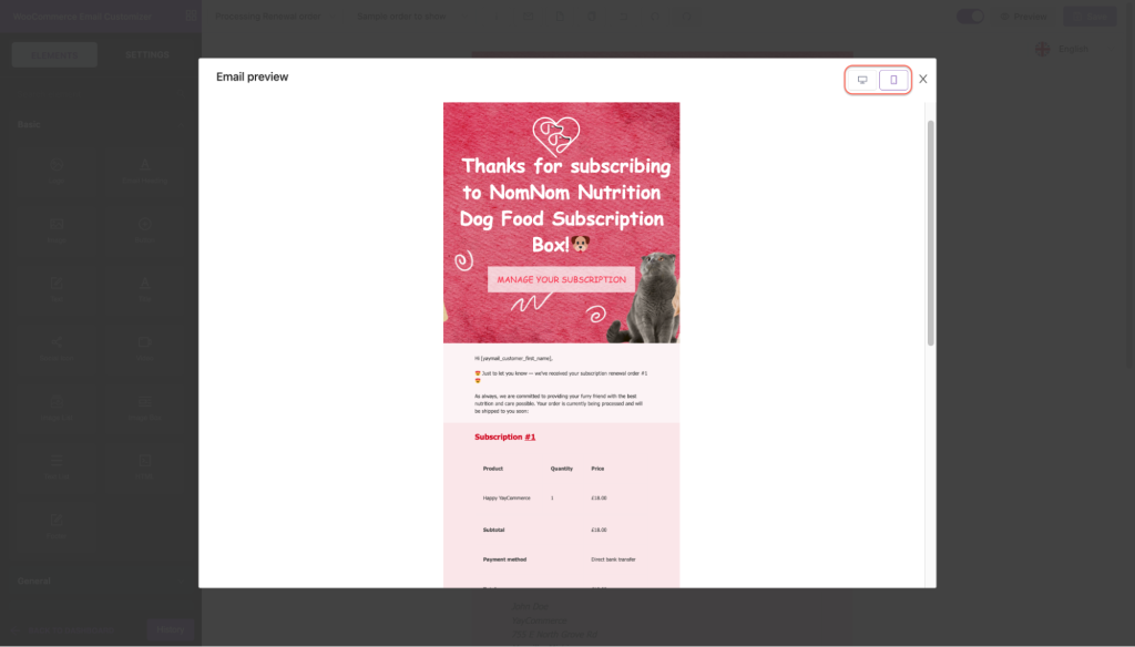 preview WooCommerce subscription emails on desktop and mobile