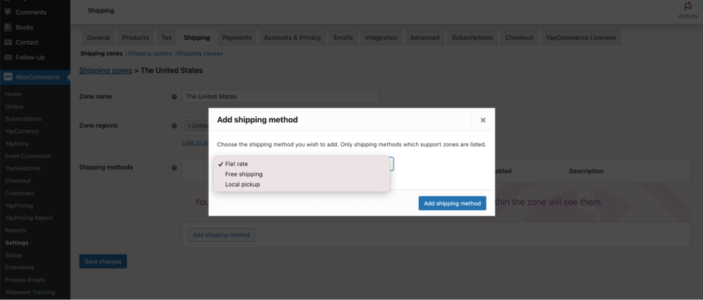 add free shipping methods in woocommerce settings