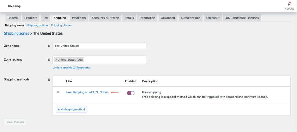 enter free shipping title in woocommerce settings