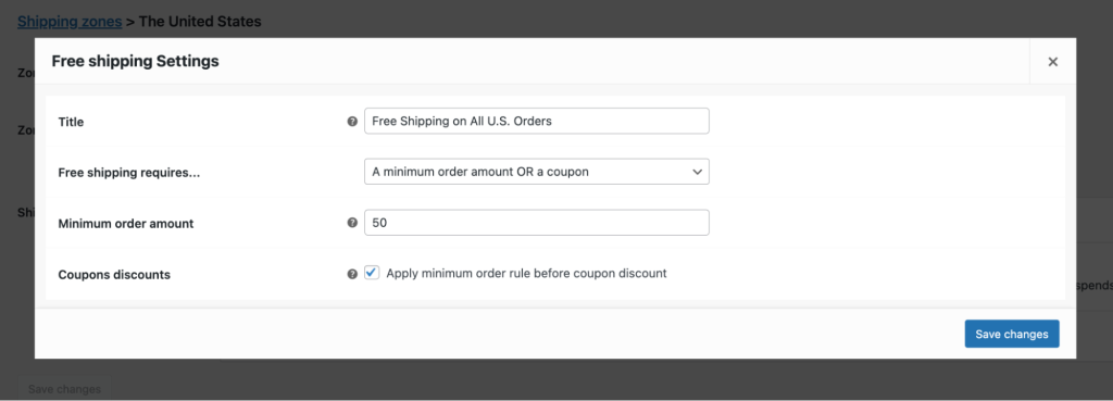 WooCommerce free shipping settings on minium order amount