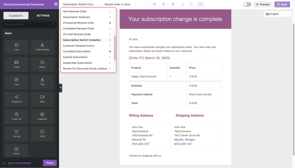 WooCommerce subscriptions email template in YayMail email builder