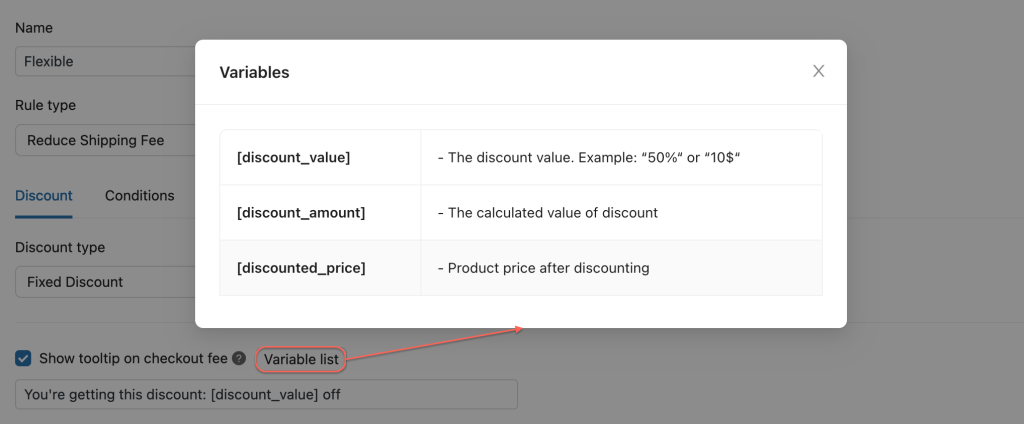 variable lists for tooltip on checkout fee