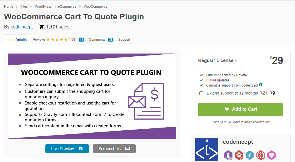 Cart to Quote for WooCommerce on Codecanyon