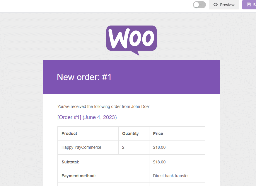 email template preview - woocommerce new order email to customers