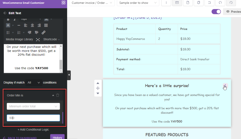 order minimum value - woocommerce new order email to customers