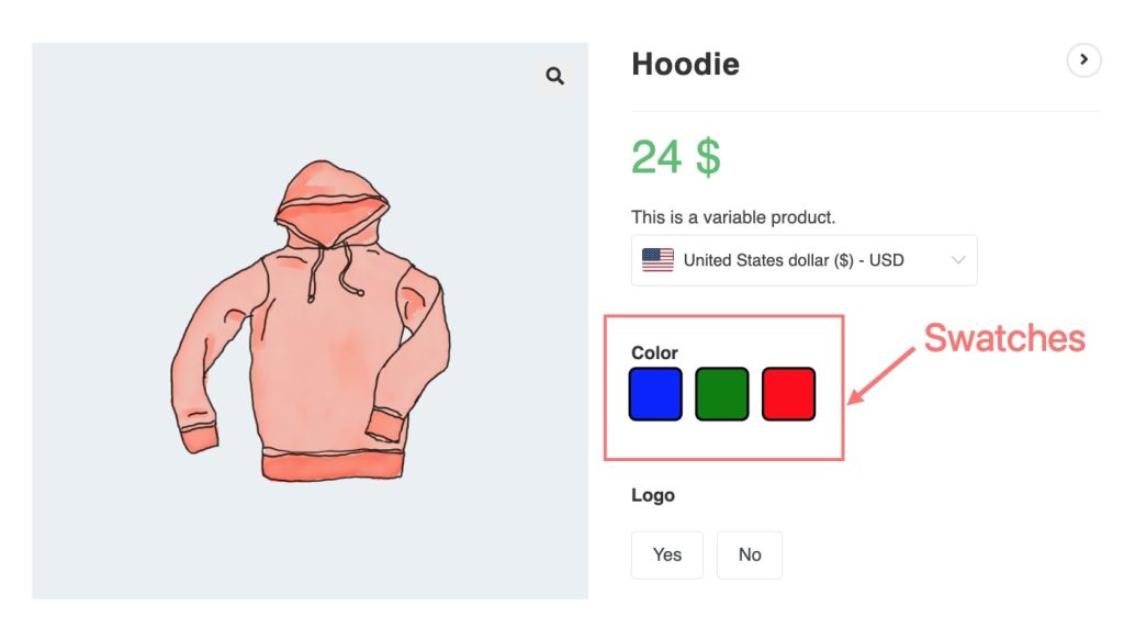 Displays color swatches on product page