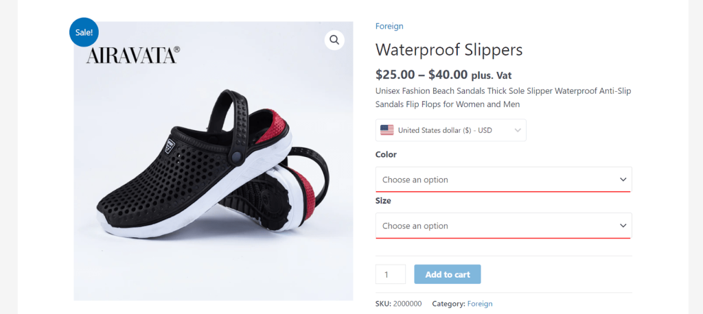 The default interface of variant color and size on product page