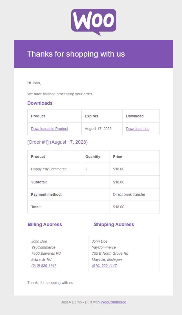 WooCommerce completed order template
