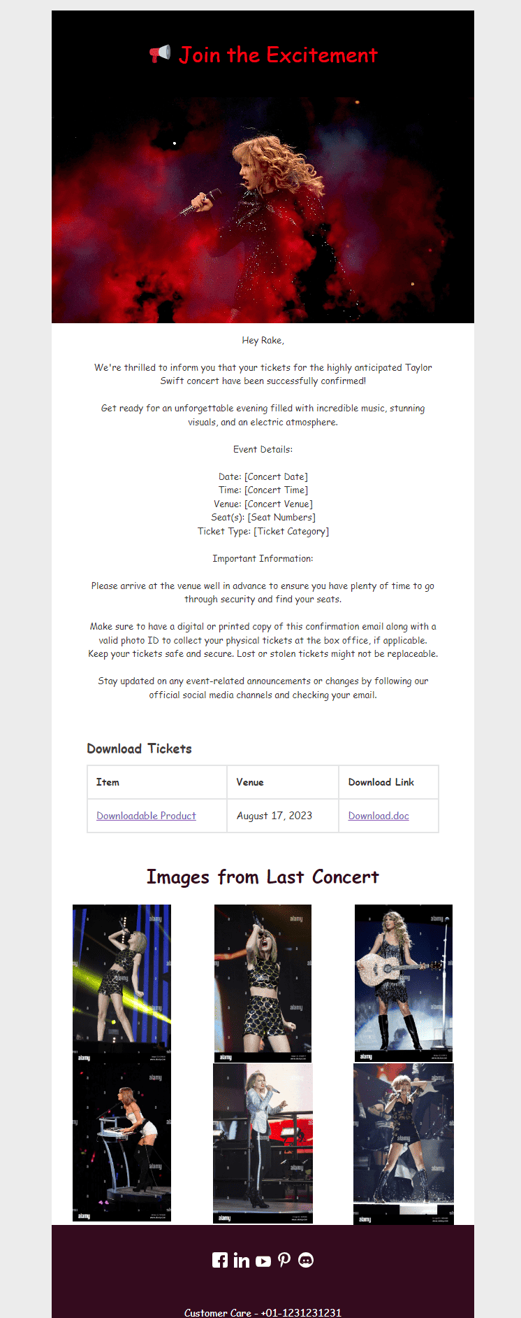 Images and videos of Taylor concert in email body