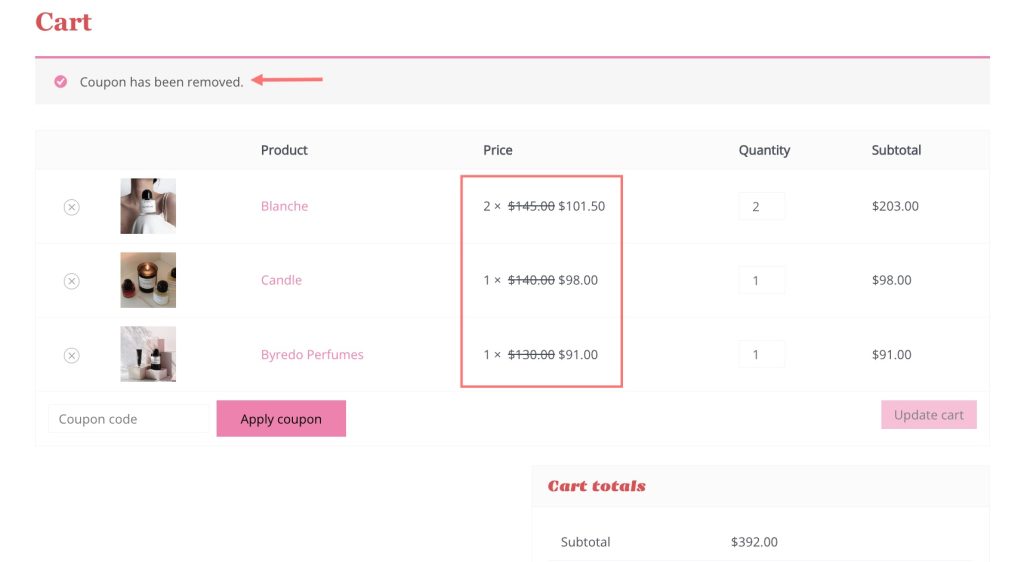 Cart page remove coupon