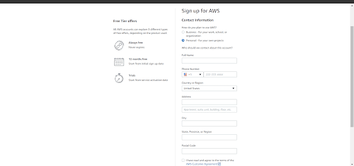 Enter information to sign up for AWS
