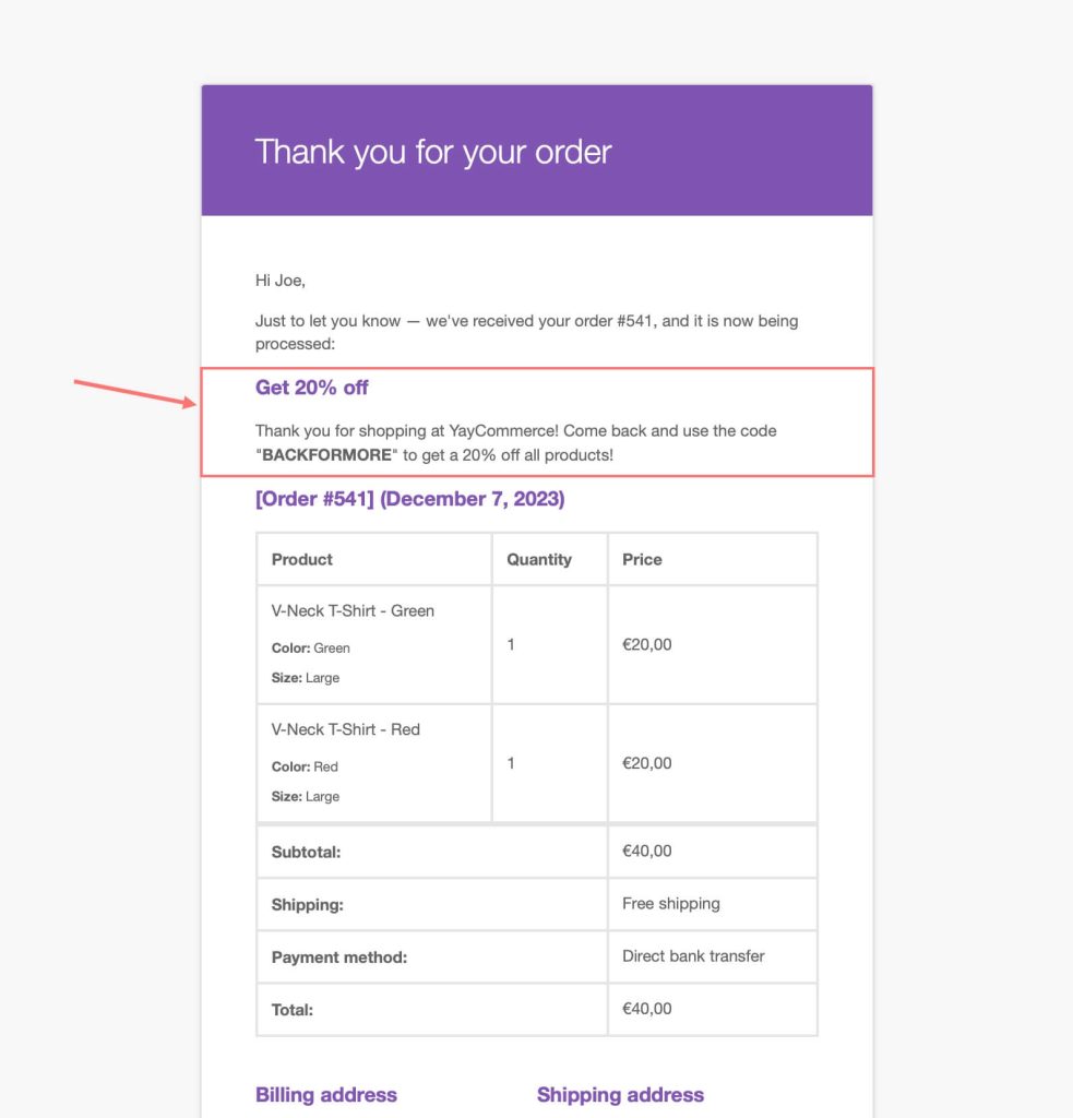 Displaying coupon code content in WooCommerce email when received in gmail